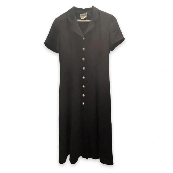Vintage Desiree Womans Black Button Down Short Sleeve Collared V Neck Midi Dress - Picture 2 of 10